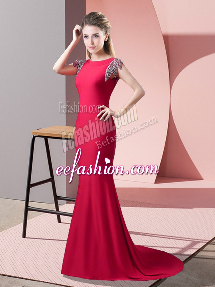  Coral Red Short Sleeves Elastic Woven Satin Brush Train Backless Homecoming Dress for Prom and Party