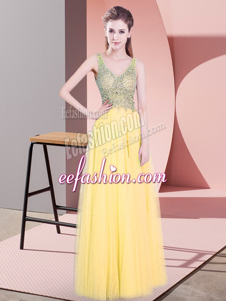 Custom Fit Floor Length Gold Prom Dress V-neck Sleeveless Zipper