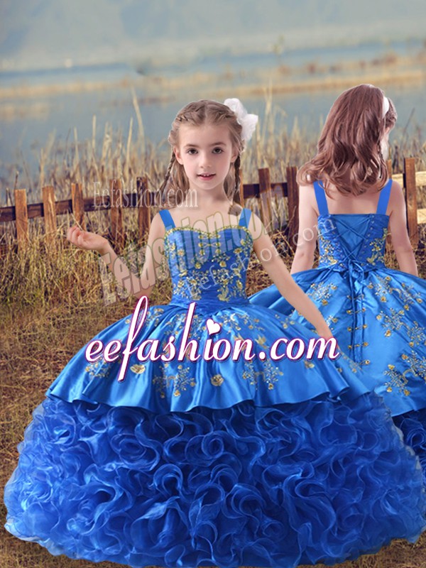  Blue Sleeveless Fabric With Rolling Flowers Sweep Train Lace Up Little Girls Pageant Dress Wholesale for Wedding Party
