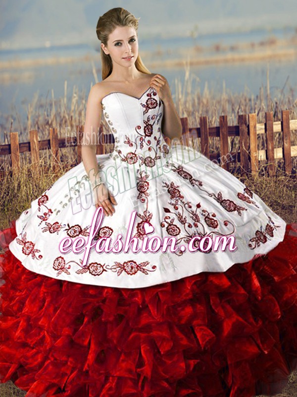  White And Red Organza Lace Up Quince Ball Gowns Sleeveless Floor Length Embroidery and Ruffles