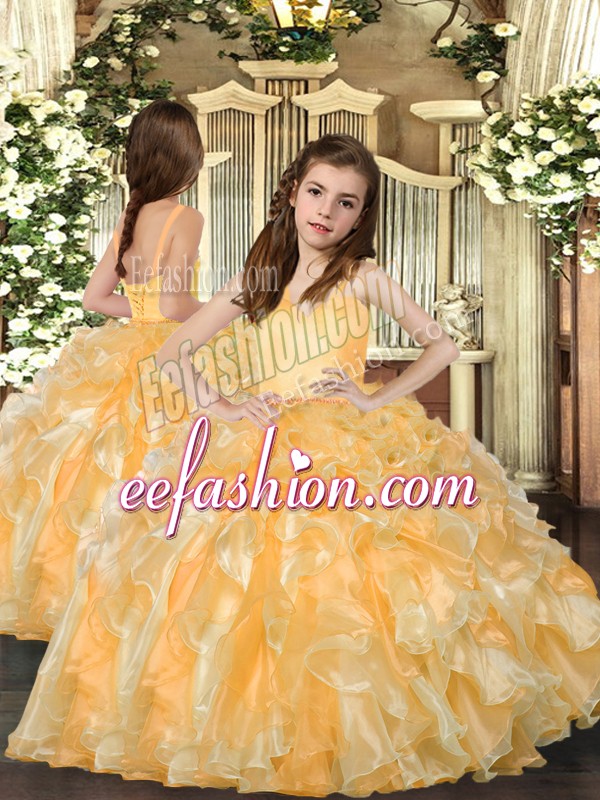 Gold Sleeveless Ruffles Floor Length Kids Pageant Dress