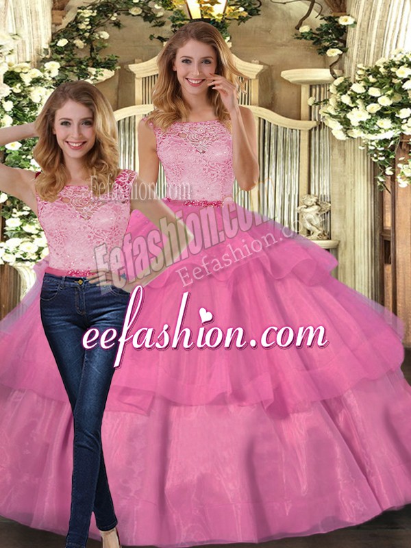  Floor Length Two Pieces Sleeveless Hot Pink Sweet 16 Dresses Lace Up