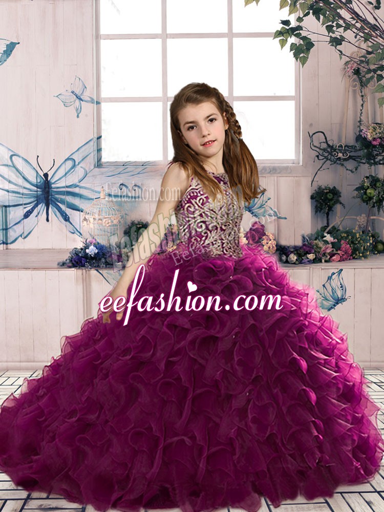 Stunning Fuchsia Lace Up Little Girl Pageant Gowns Beading and Ruffles Sleeveless Floor Length