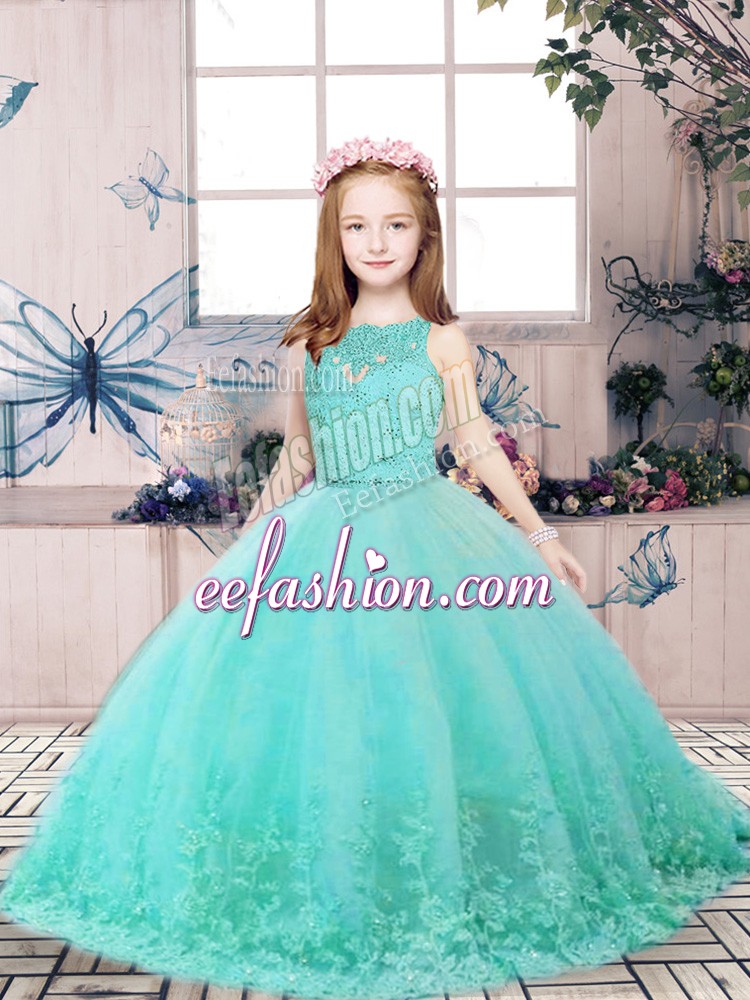  Sleeveless Floor Length Lace and Appliques Backless Child Pageant Dress with Aqua Blue