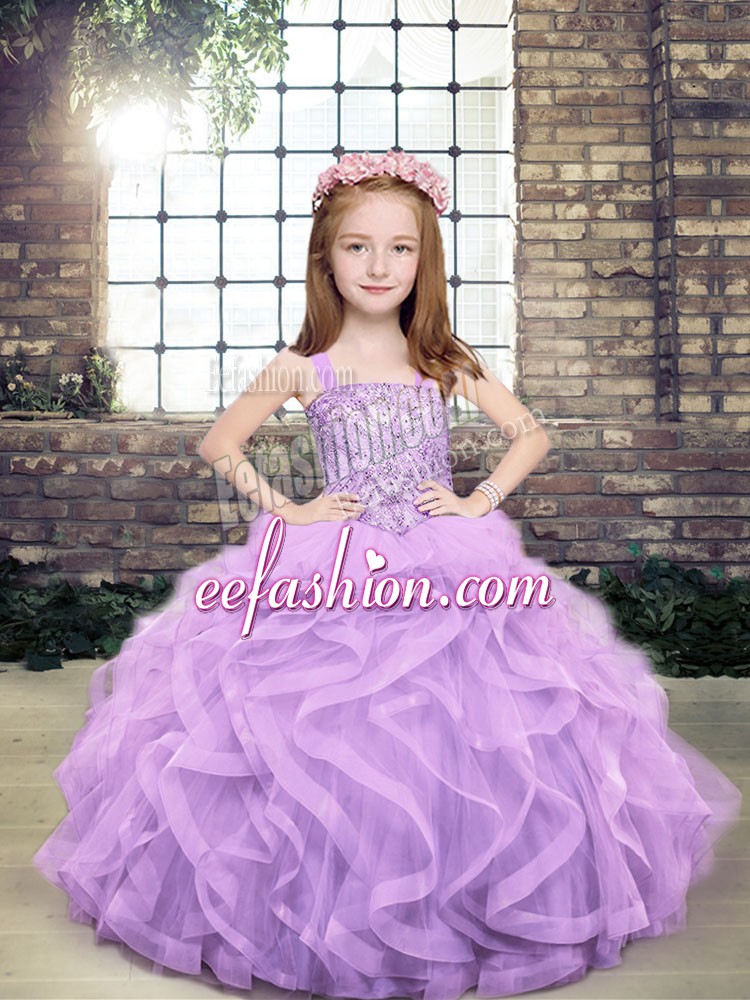  Tulle Sleeveless Floor Length Little Girl Pageant Dress and Beading and Ruffles
