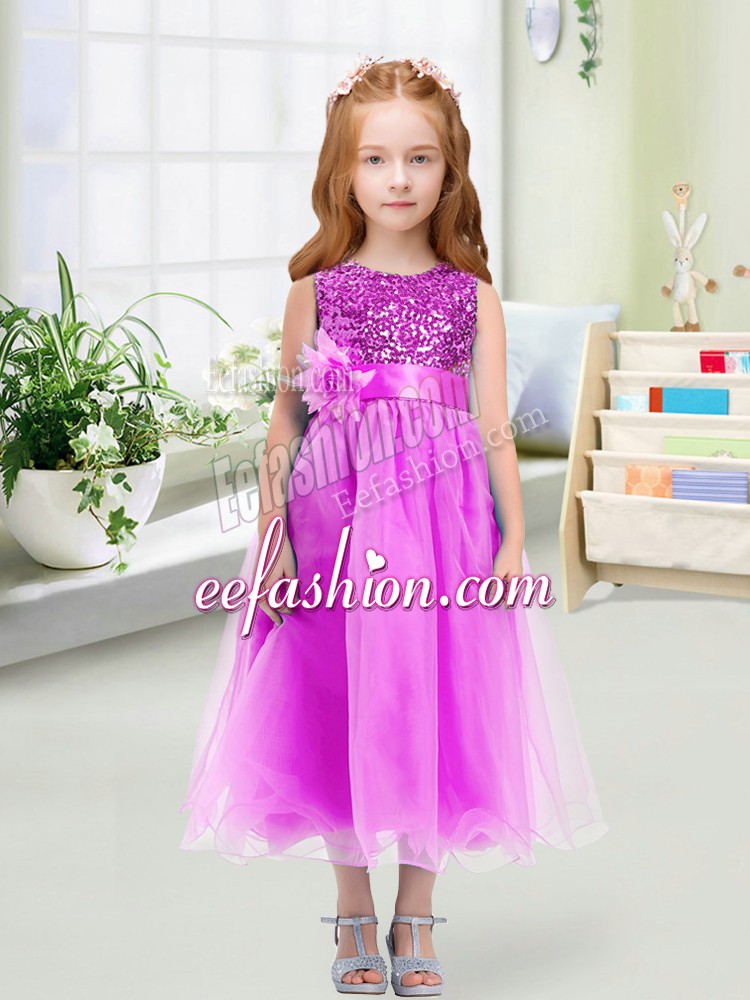  Lilac Sleeveless Tea Length Sequins and Hand Made Flower Zipper Flower Girl Dress