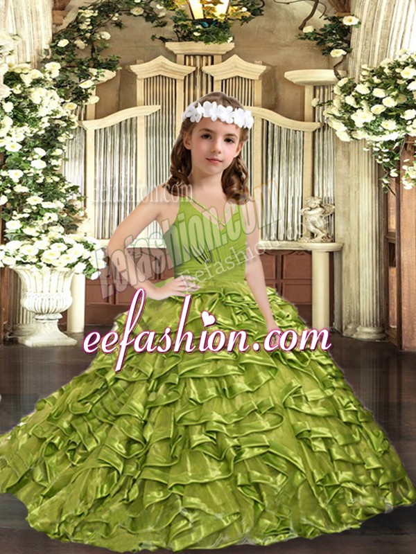  Olive Green Sleeveless Ruffles Floor Length Girls Pageant Dresses