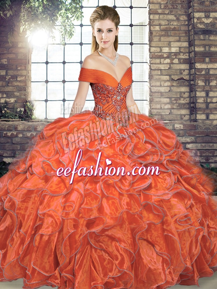  Sleeveless Floor Length Beading and Ruffles Lace Up Quinceanera Gown with Orange Red