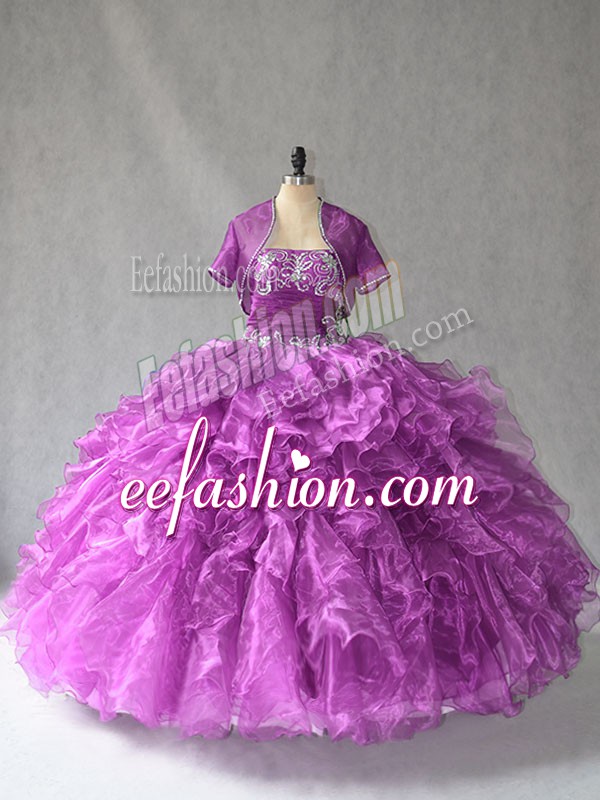 Fine Floor Length Lace Up Sweet 16 Dresses Purple for Sweet 16 and Quinceanera with Beading and Ruffles