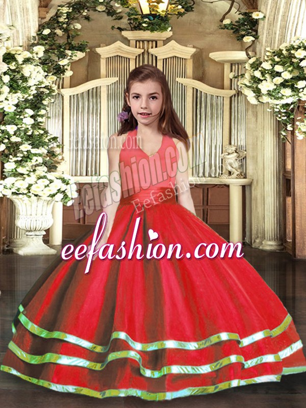  Floor Length Red Pageant Gowns Tulle Sleeveless Ruffled Layers