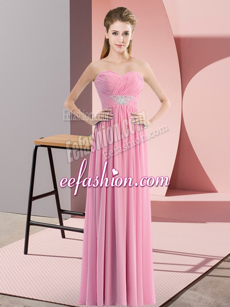 Beauteous Rose Pink Zipper Prom Gown Beading Sleeveless Floor Length