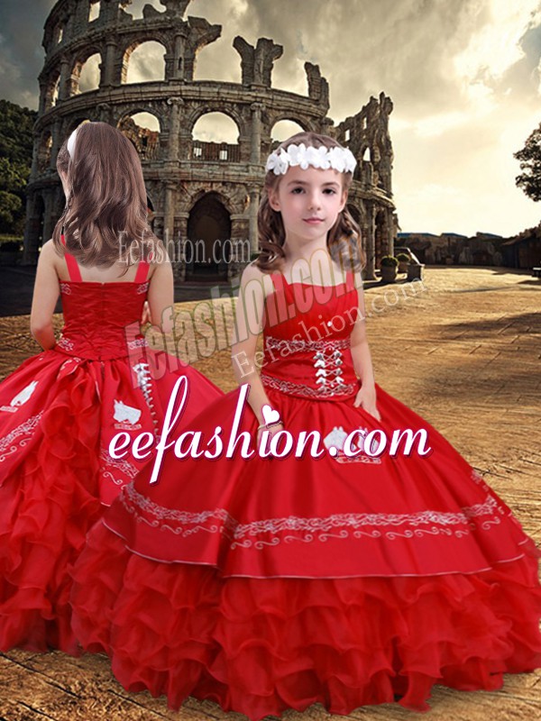 Custom Made Floor Length Red Little Girl Pageant Dress Satin and Organza Sleeveless Embroidery and Ruffled Layers