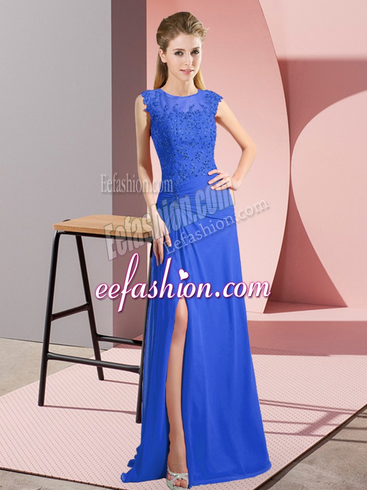  Blue Sleeveless Floor Length Lace and Appliques Zipper Homecoming Dress