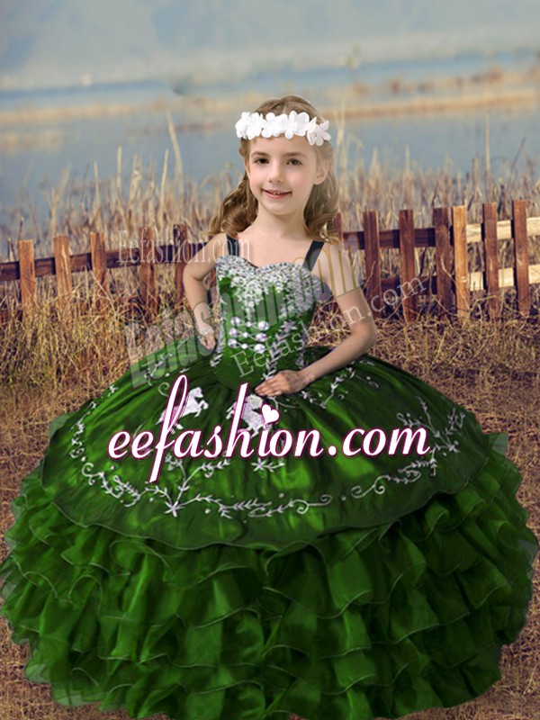 High Quality Olive Green Pageant Dress for Teens Wedding Party with Embroidery and Ruffled Layers Straps Sleeveless Lace Up