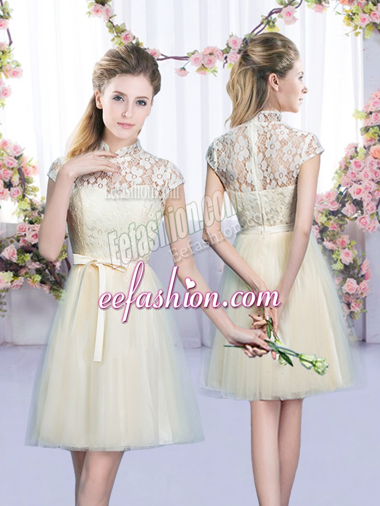 Unique Champagne High-neck Lace Up Lace and Bowknot Bridesmaid Dress Cap Sleeves
