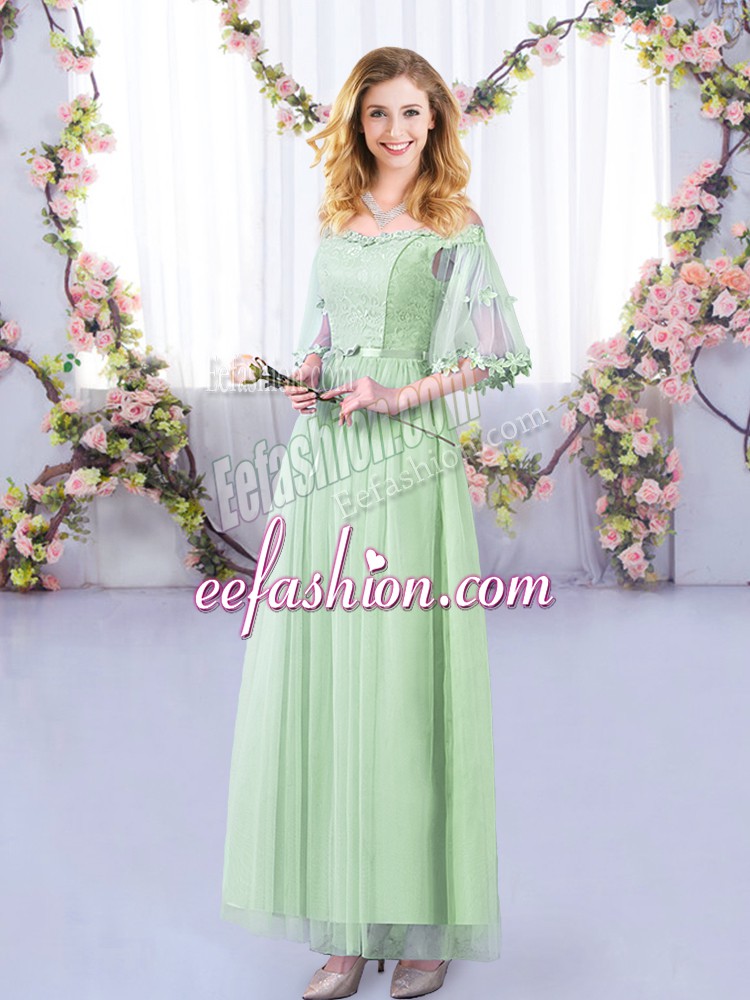 Clearance Apple Green Tulle Side Zipper Dama Dress for Quinceanera Half Sleeves Floor Length Lace and Belt