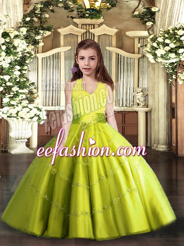  Yellow Green Lace Up Little Girls Pageant Dress Beading Sleeveless Floor Length