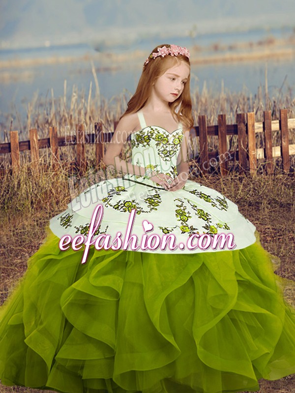  Olive Green Lace Up Straps Embroidery and Ruffles Custom Made Pageant Dress Long Sleeves