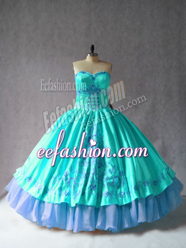 Luxurious Aqua Blue Ball Gowns Embroidery Quinceanera Gown Lace Up Satin and Organza Sleeveless Floor Length