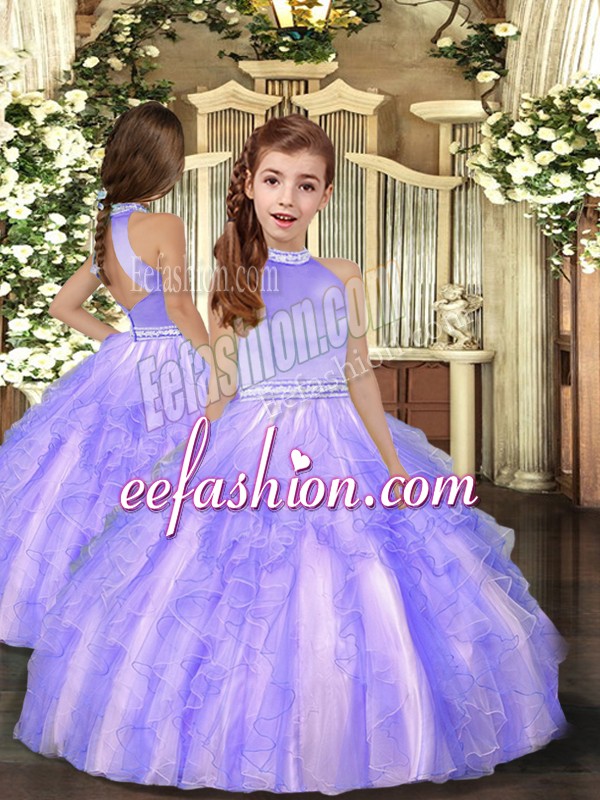 Lovely Tulle High-neck Sleeveless Backless Beading and Ruffles Girls Pageant Dresses in Lavender