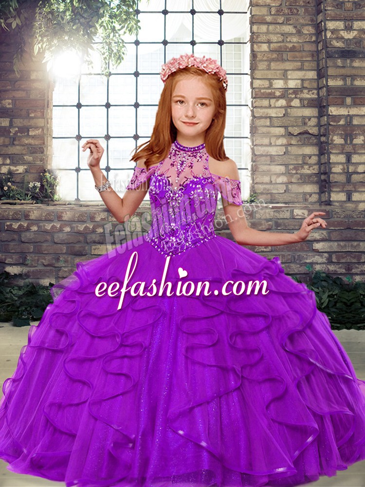 Purple High-neck Neckline Beading and Ruffles Little Girls Pageant Dress Wholesale Sleeveless Lace Up
