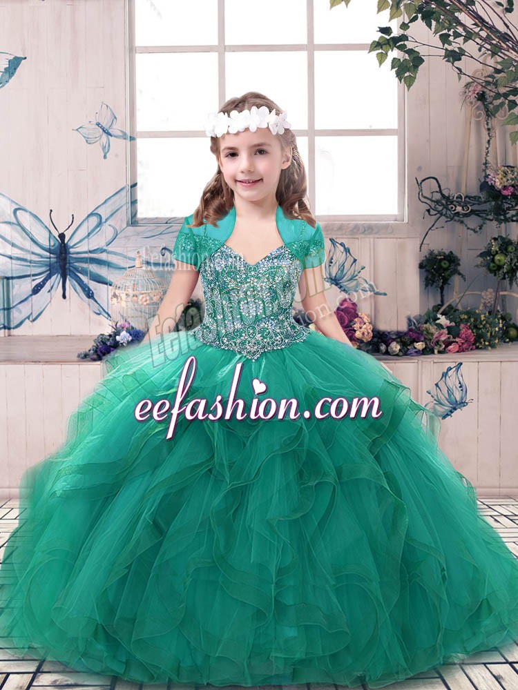  Turquoise Ball Gowns Straps Sleeveless Tulle Floor Length Side Zipper Beading Pageant Dresses