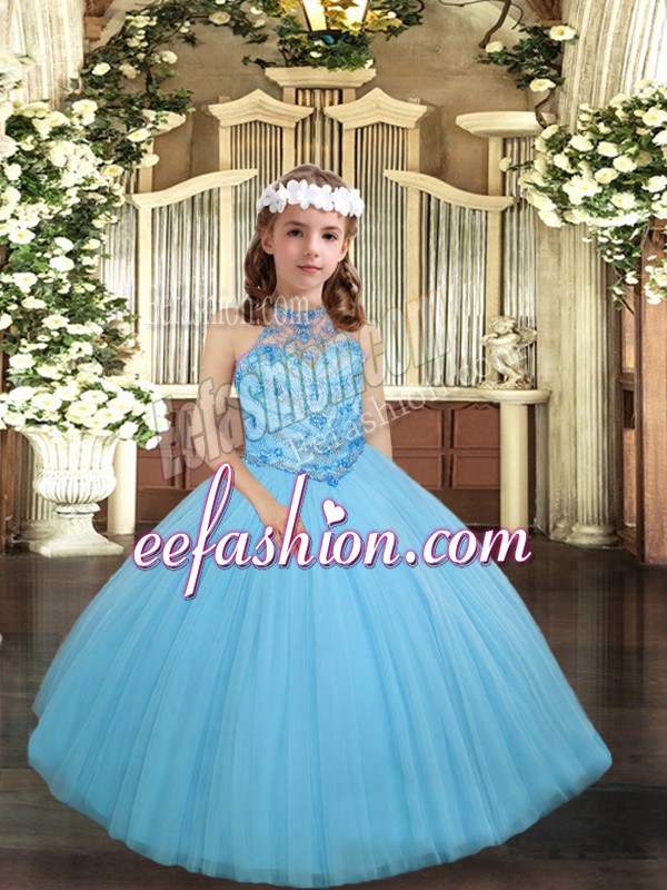  Sleeveless Floor Length Beading Lace Up Little Girl Pageant Gowns with Aqua Blue