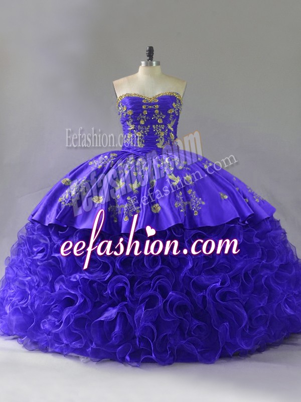 Stunning Purple Lace Up Sweetheart Embroidery and Ruffles Quinceanera Dress Fabric With Rolling Flowers Sleeveless Brush Train