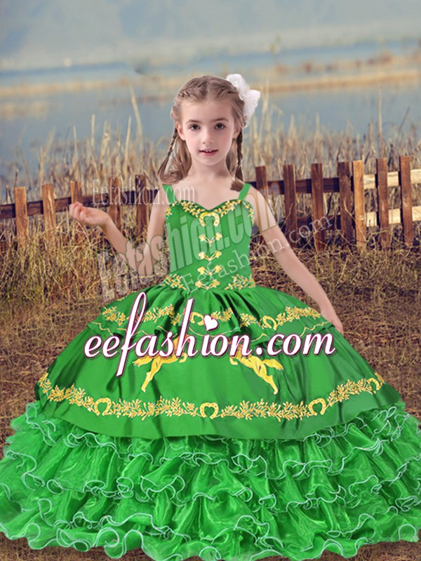 Classical Green Lace Up Straps Beading and Embroidery and Ruffled Layers Little Girls Pageant Dress Wholesale Organza Sleeveless