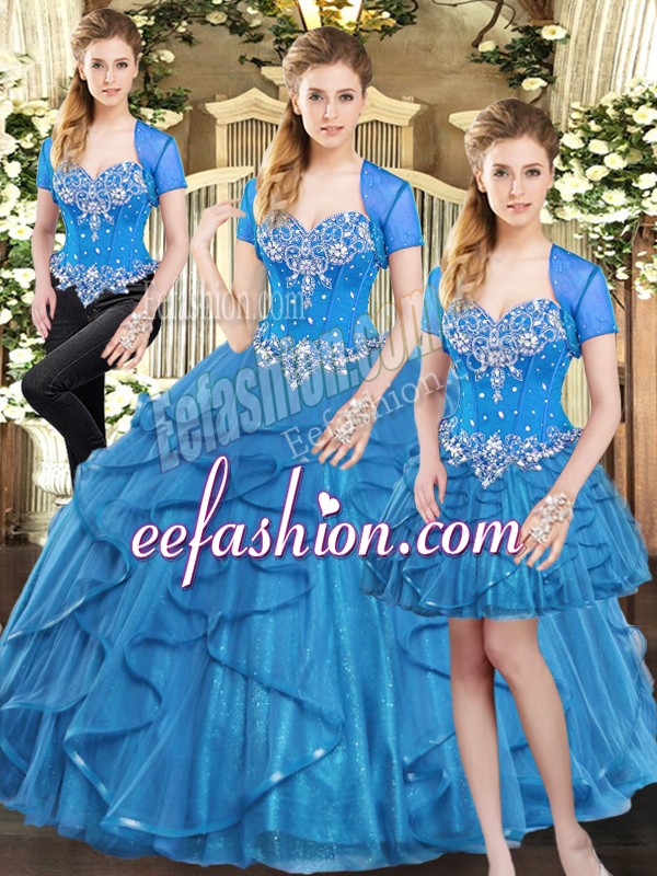 Smart Blue Three Pieces Beading and Ruffles Vestidos de Quinceanera Lace Up Tulle Sleeveless Floor Length