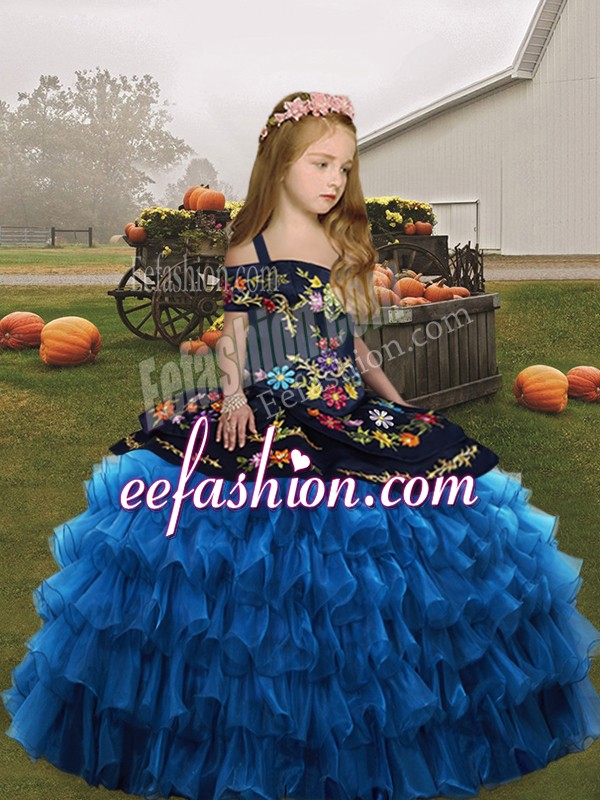 Custom Designed Blue Ball Gowns Organza Straps Sleeveless Embroidery and Ruffled Layers Floor Length Lace Up Girls Pageant Dresses