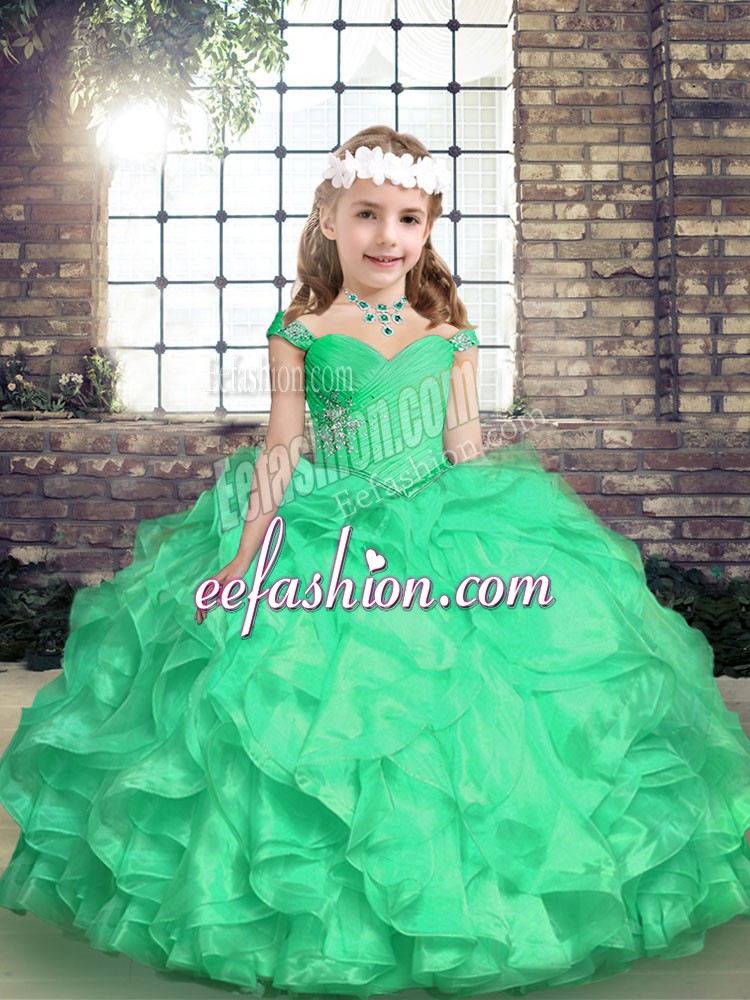 Sweet Turquoise Organza Lace Up Straps Sleeveless Floor Length Little Girls Pageant Dress Wholesale Embroidery and Ruffles and Ruching