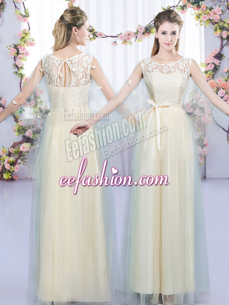 Exceptional Floor Length Champagne Wedding Guest Dresses Scoop Sleeveless Lace Up