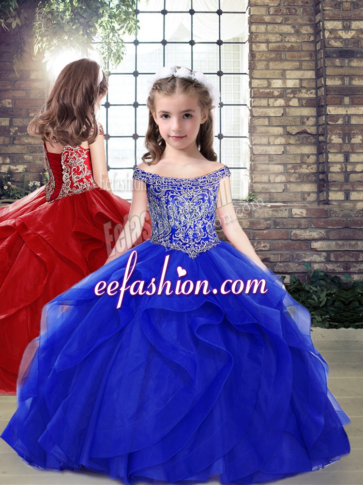 Discount Royal Blue Sleeveless Floor Length Beading Lace Up Child Pageant Dress