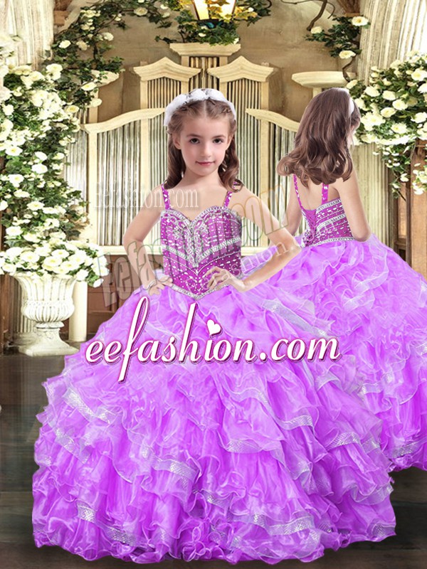  Organza Straps Sleeveless Lace Up Beading and Ruffles Little Girl Pageant Dress in Lilac