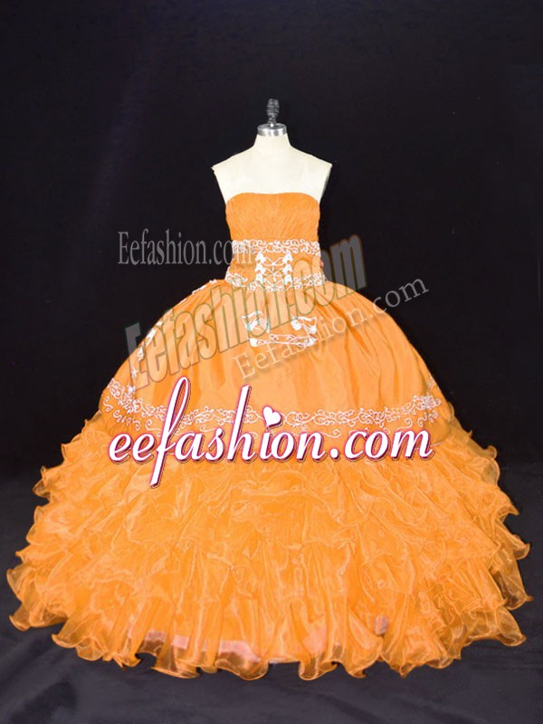  Sleeveless Organza Floor Length Lace Up 15th Birthday Dress in Gold with Embroidery and Ruffles