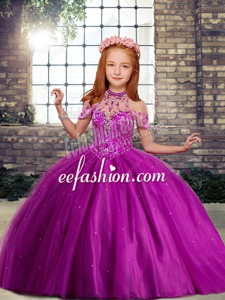 New Style Floor Length Ball Gowns Sleeveless Fuchsia Pageant Gowns For Girls Lace Up