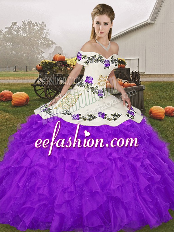  Floor Length Purple Quinceanera Gowns Off The Shoulder Sleeveless Lace Up