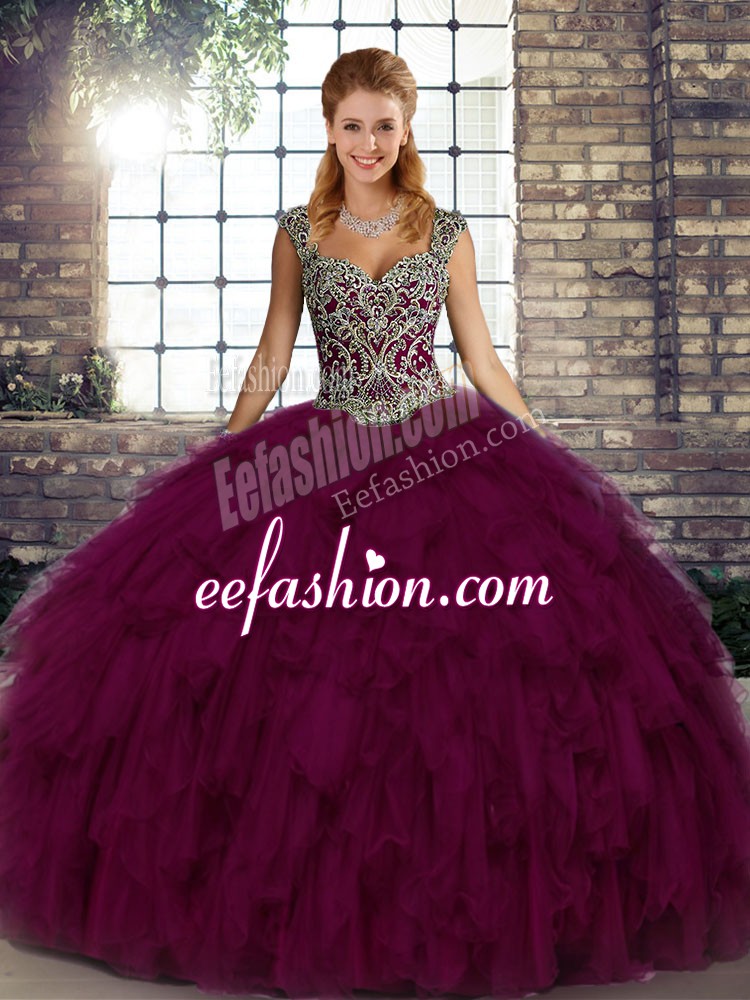 Delicate Beading and Ruffles Sweet 16 Quinceanera Dress Dark Purple Lace Up Sleeveless Floor Length