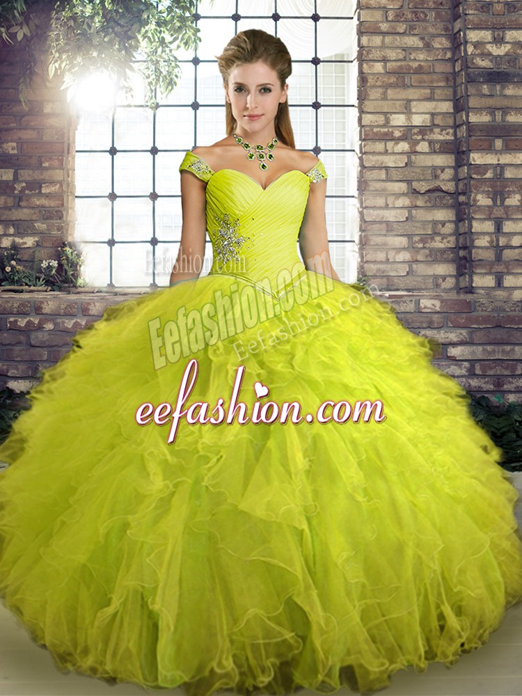 Cute Yellow Green 15th Birthday Dress Military Ball and Sweet 16 and Quinceanera with Beading and Ruffles Off The Shoulder Sleeveless Lace Up