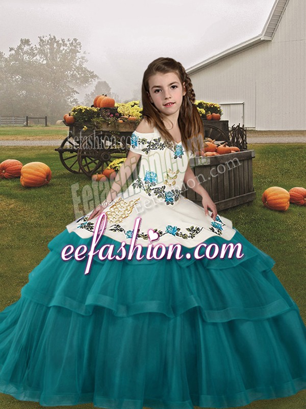 Elegant Teal Tulle Lace Up Pageant Dress for Teens Sleeveless Floor Length Embroidery and Ruffled Layers