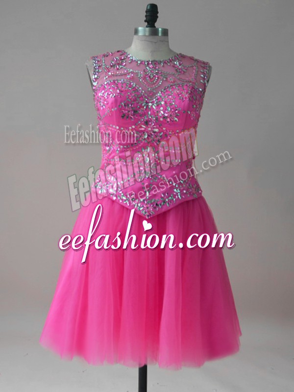  Mini Length Hot Pink Prom Party Dress Tulle Sleeveless Beading