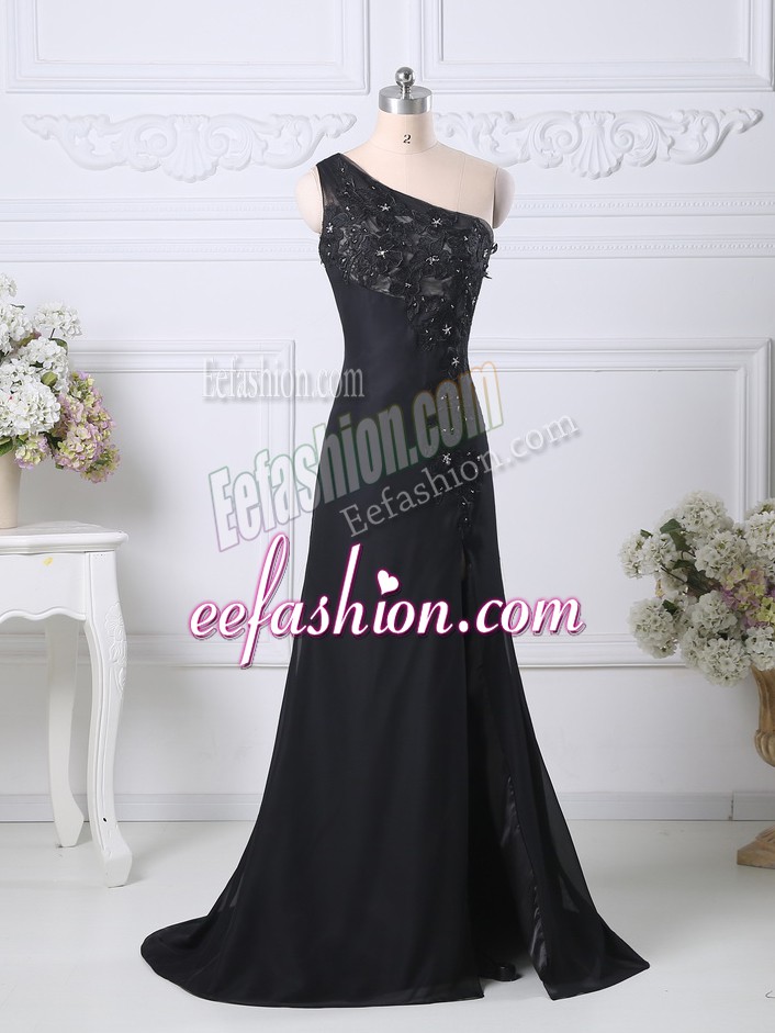 Ideal Black Side Zipper Evening Dress Beading and Lace Sleeveless Brush Train