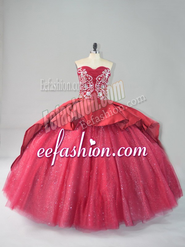 Pretty Court Train Ball Gowns Vestidos de Quinceanera Wine Red Sweetheart Satin and Tulle Sleeveless Lace Up
