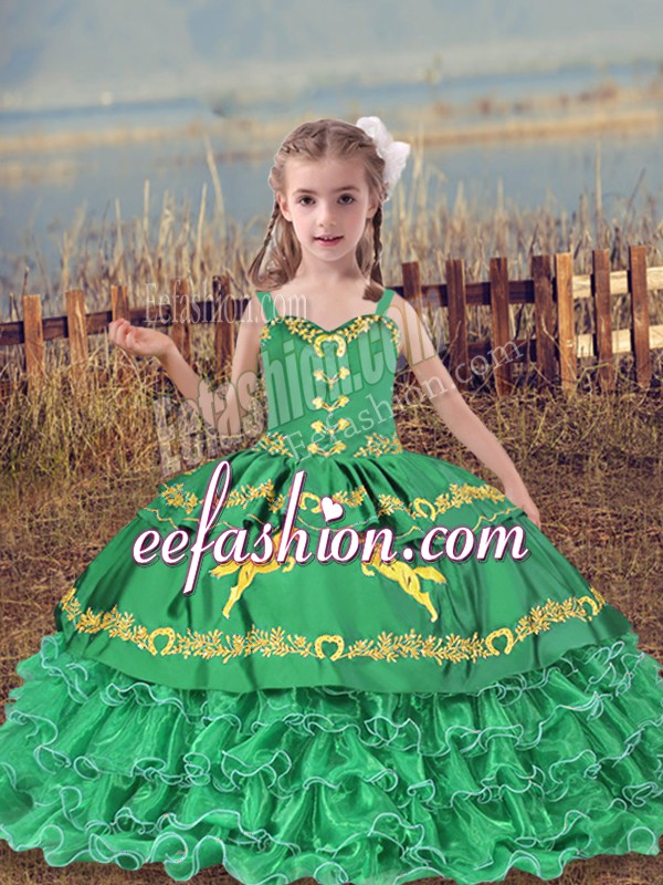  Turquoise Straps Neckline Beading and Embroidery and Ruffled Layers Little Girls Pageant Dress Wholesale Sleeveless Lace Up