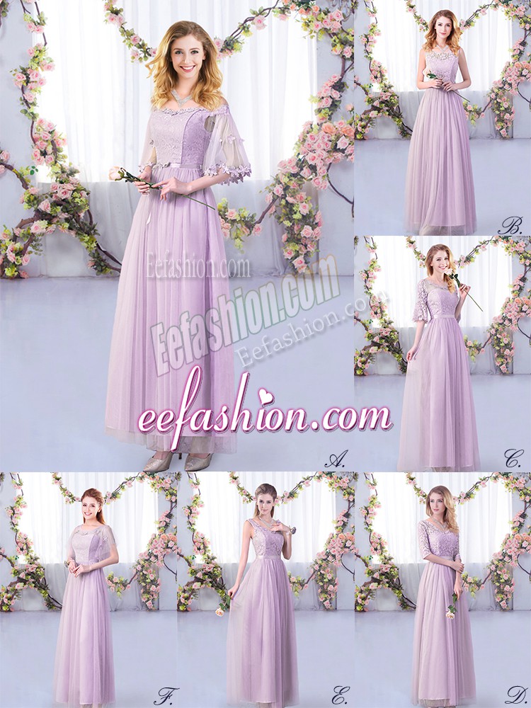  Floor Length Side Zipper Bridesmaids Dress Lavender for Wedding Party with Lace and Belt