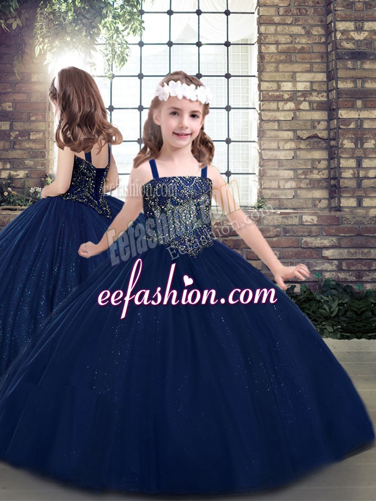 Elegant Navy Blue Ball Gowns Tulle Straps Sleeveless Beading Floor Length Lace Up Little Girl Pageant Gowns