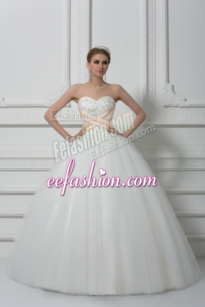  White Lace Up Wedding Dresses Beading and Lace Sleeveless Floor Length