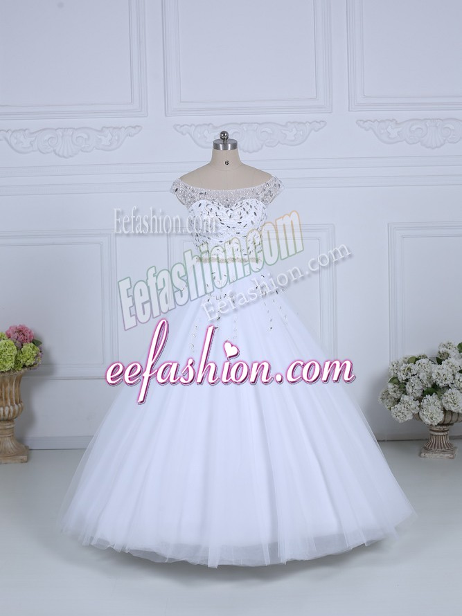 Cheap White Sleeveless Court Train Beading Wedding Dresses