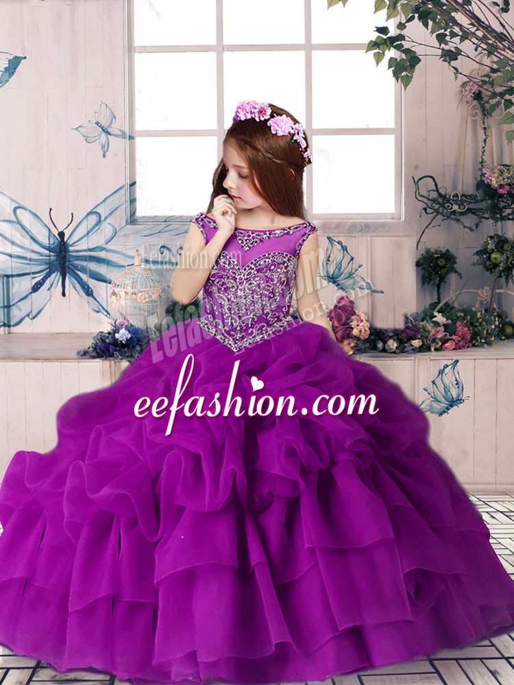  Purple Ball Gowns Scoop Sleeveless Organza Floor Length Zipper Beading and Pick Ups Little Girls Pageant Dress Wholesale